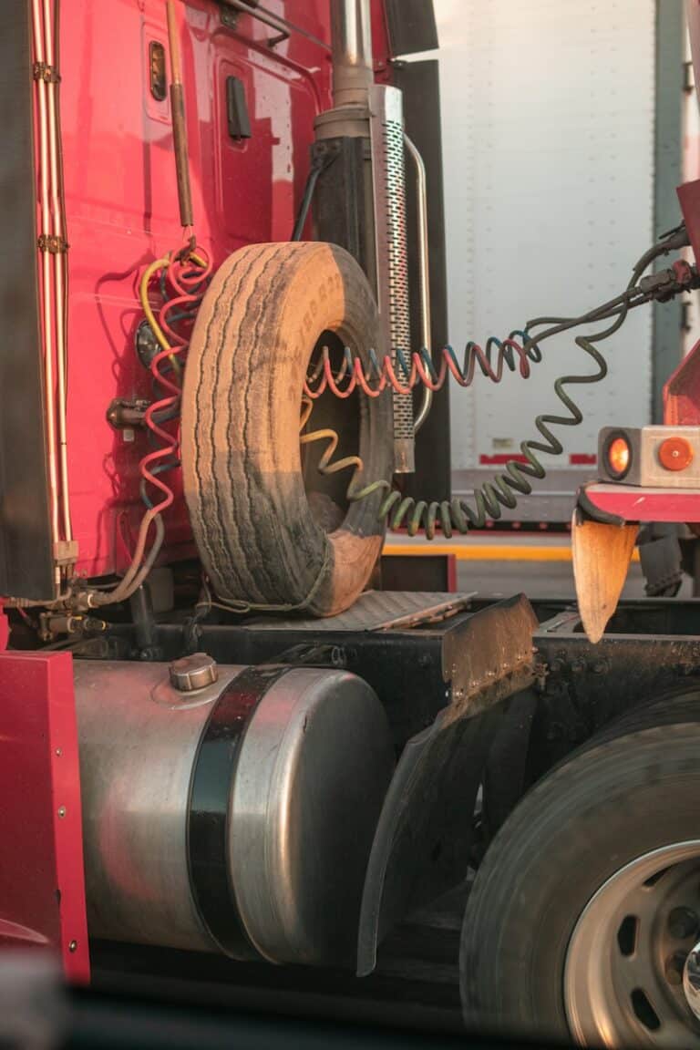 a red semi truck with a tire on the back of it